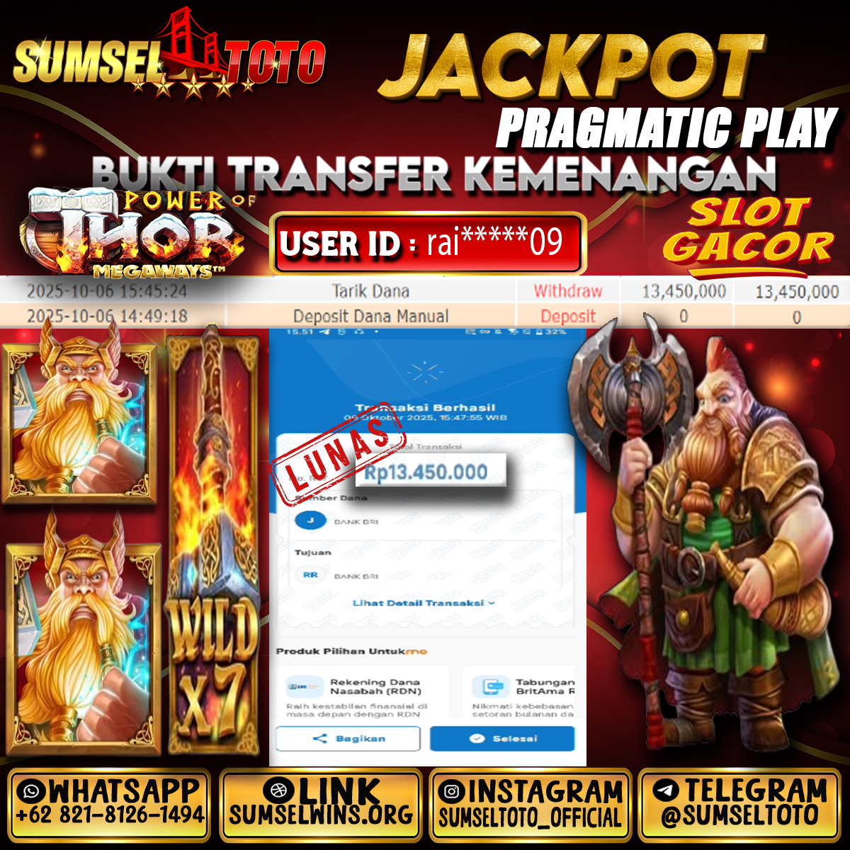 SUMSELTOTO JACKPOT POWER OF THOR Rp.13,450,000.,- LUNAS